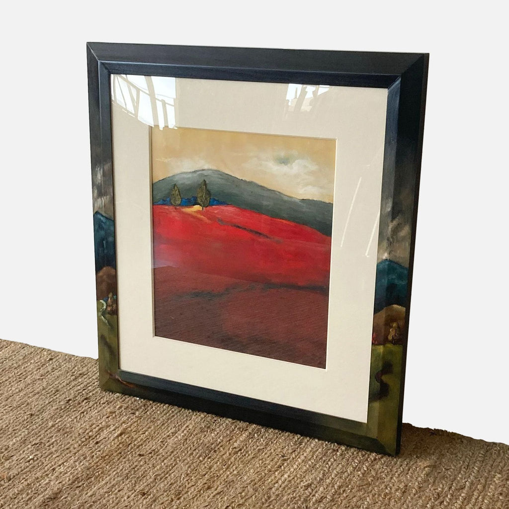 Emanuel Mattini's landscape painting with red and green tones, set in a painted frame.
