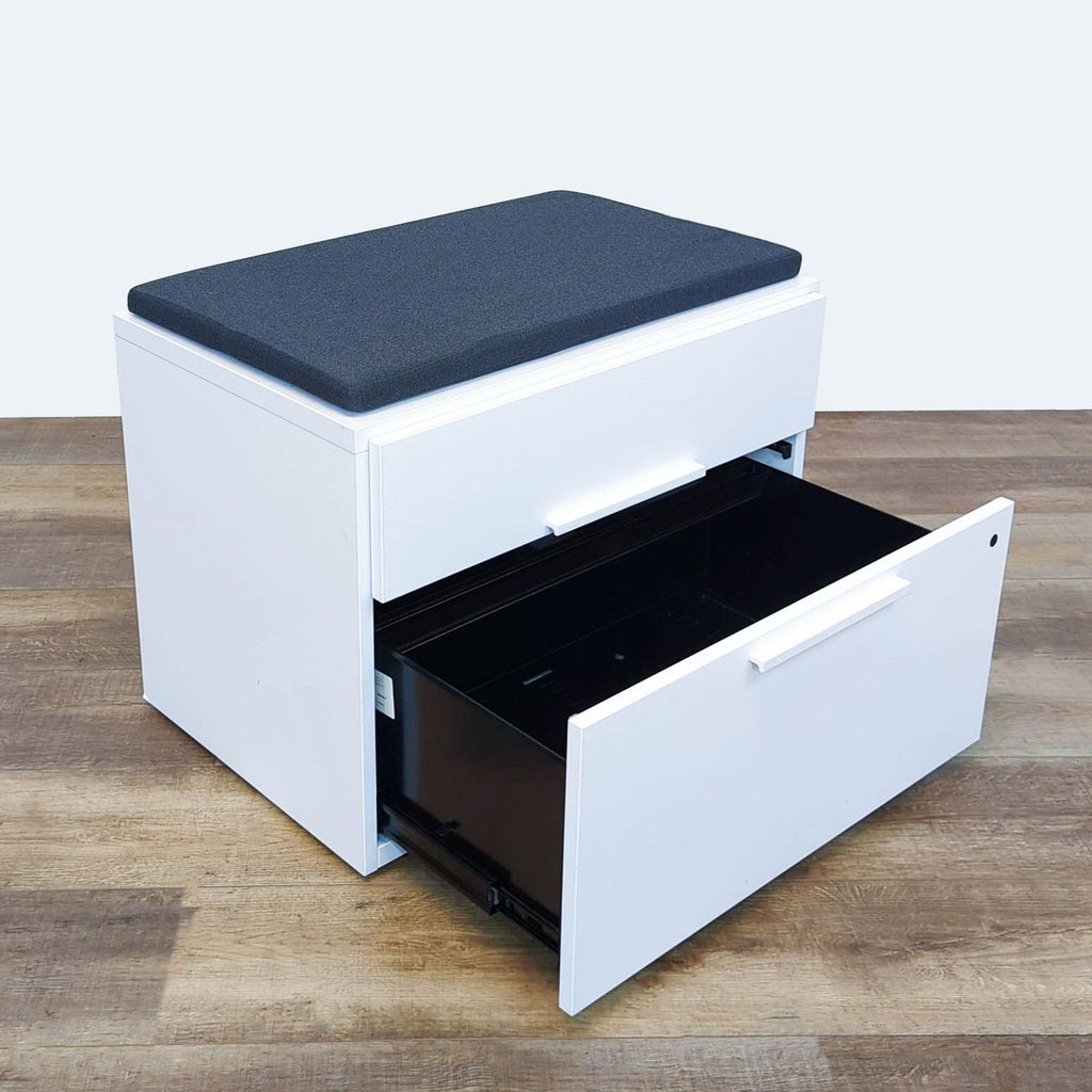 2. Reperch bench with black seat and open lower drawer, showing spacious interior; lock keys not included.