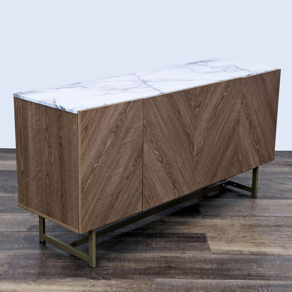 Angle view of Reperch entertainment center showcasing wood pattern and marble top.