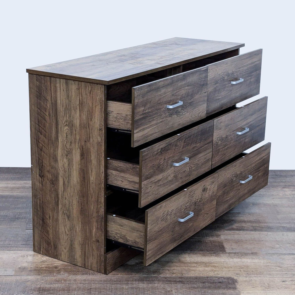 Engineered wood dresser with 6 open drawers, featuring metal pull handles.