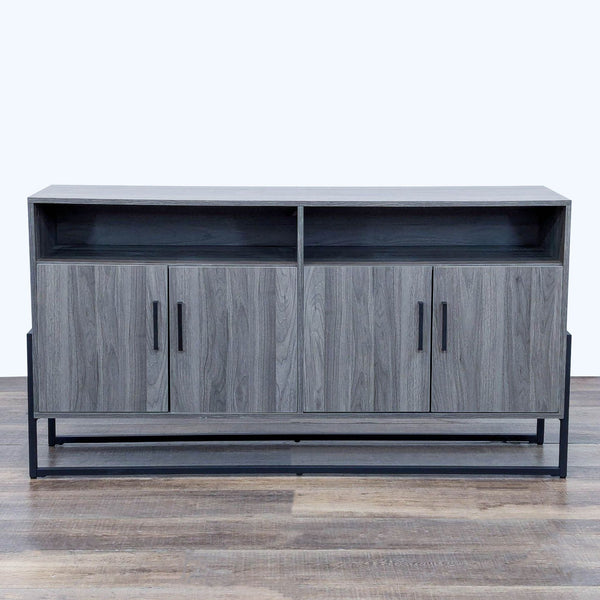 Walker Edison entertainment center with closed cabinets and open shelves.