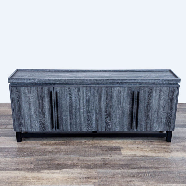 Reperch entertainment center with closed doors, featuring a gray wood grain finish.