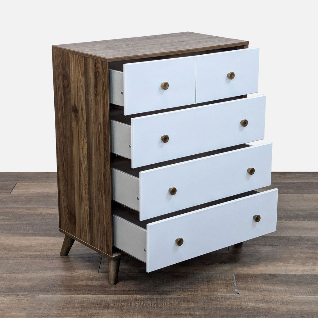 Side view of a 5-drawer wooden dresser with partially open white drawers.