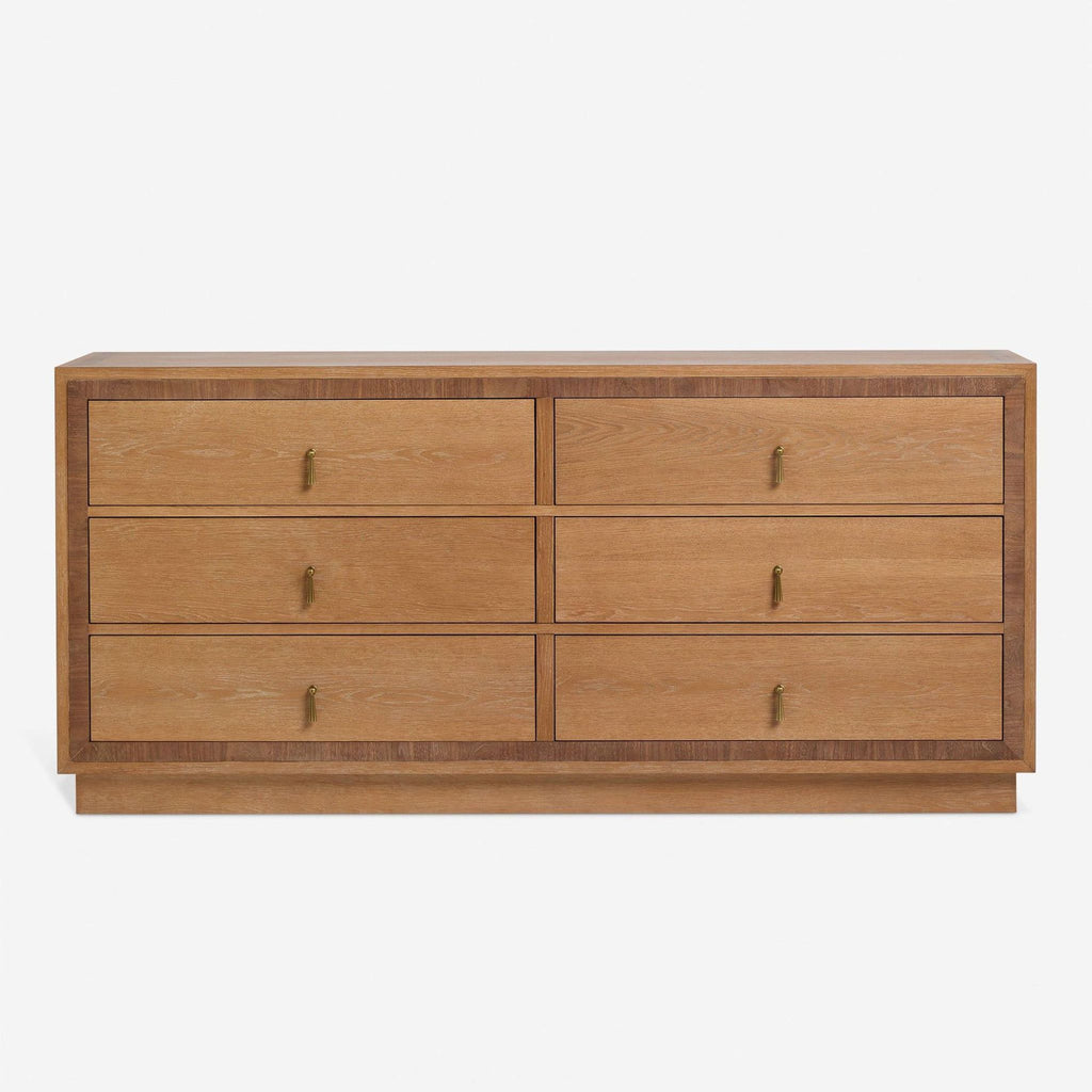 Front view of the Brandt dresser with six spacious drawers and vintage metal pulls.