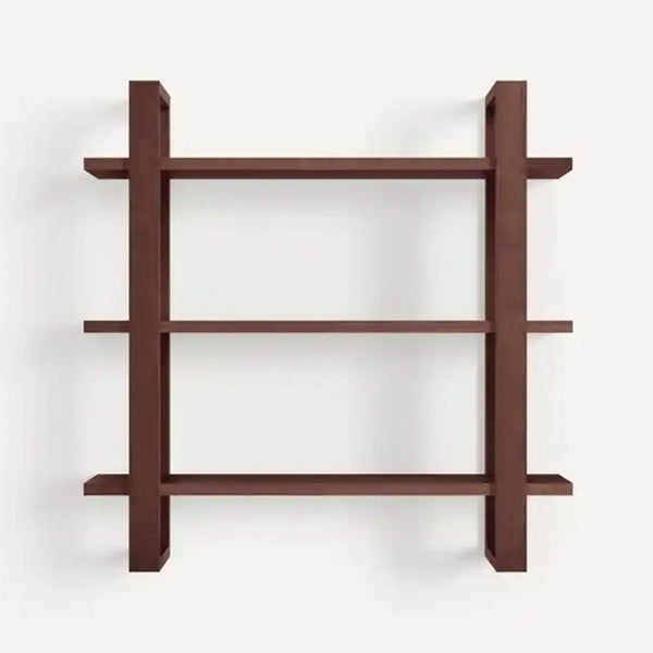 Shaker-inspired walnut wall shelf by Burrow with three horizontal tiers.
