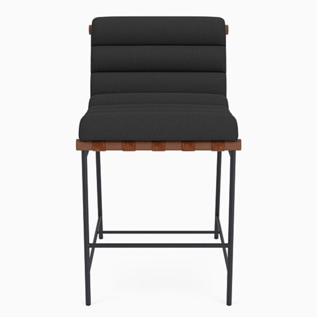 Front view of Vail Counter Stool with charcoal tufted upholstery and metal frame.