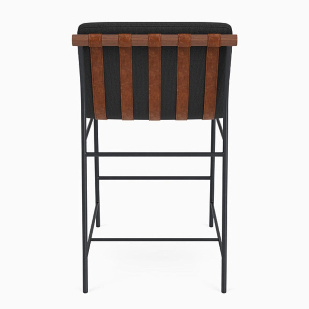 Back view of Vail Counter Stool showing leather straps and walnut dowel details.