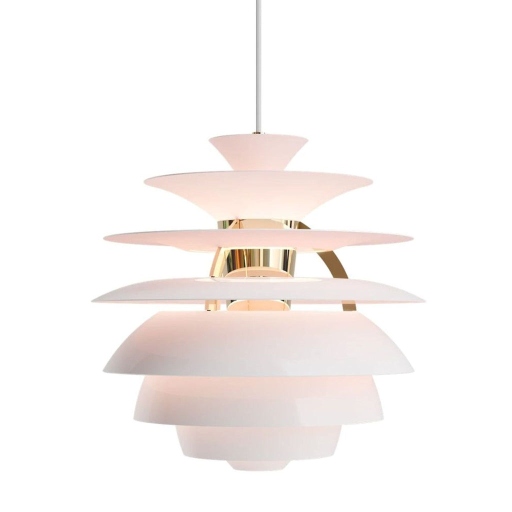 1. Pendant light with eight layered white shades and metal accents, creating soft, glare-free illumination, one beam broken.