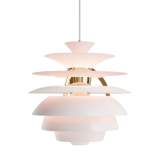1. Pendant light with eight layered white shades and metal accents, creating soft, glare-free illumination, one beam broken.