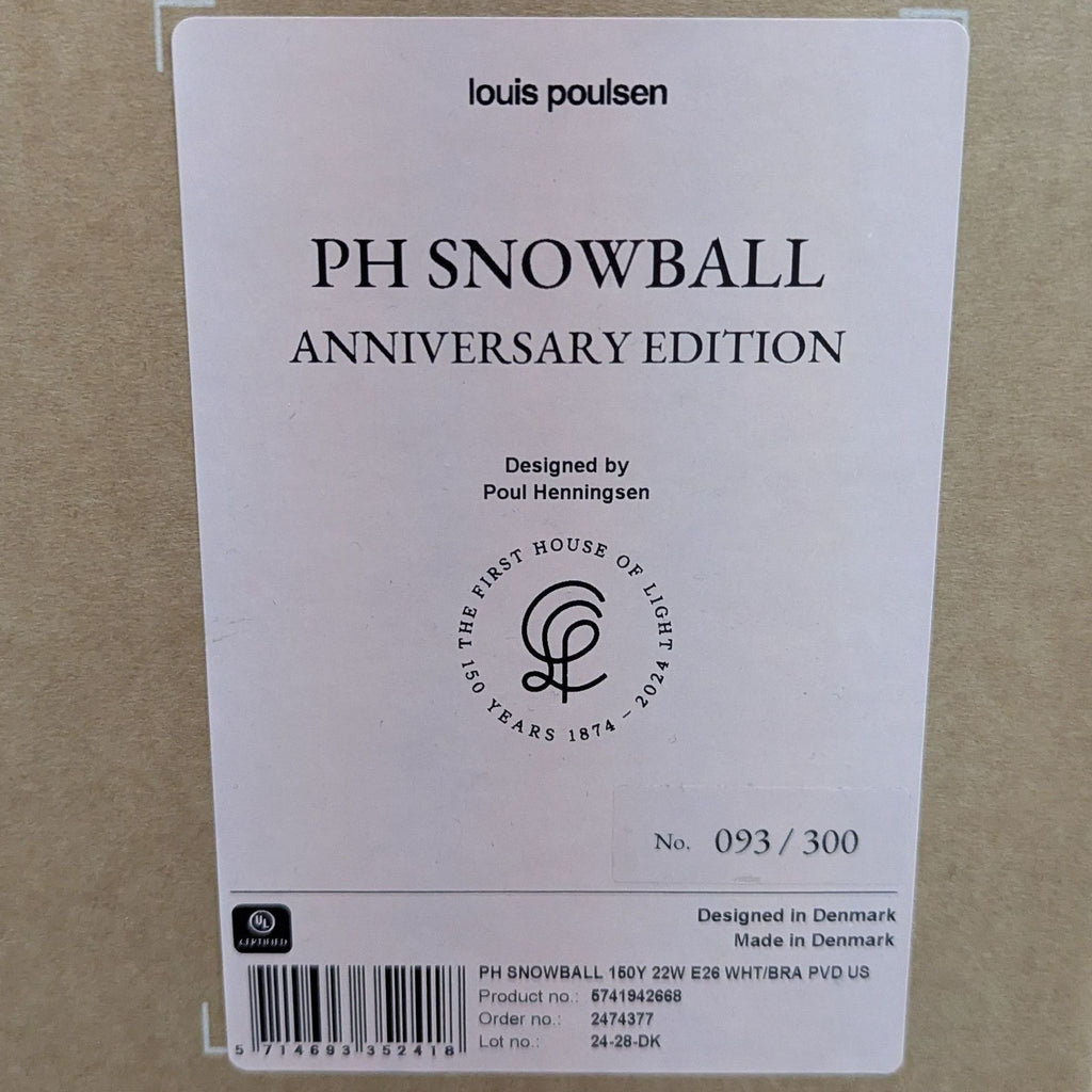 2. Closeup of Louis Poulsen PH Snowball Anniversary Edition packaging, shows label and number 093/300.