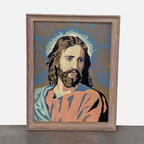 Vintage framed paint-by-number of Jesus, 1958, Reperch brand.