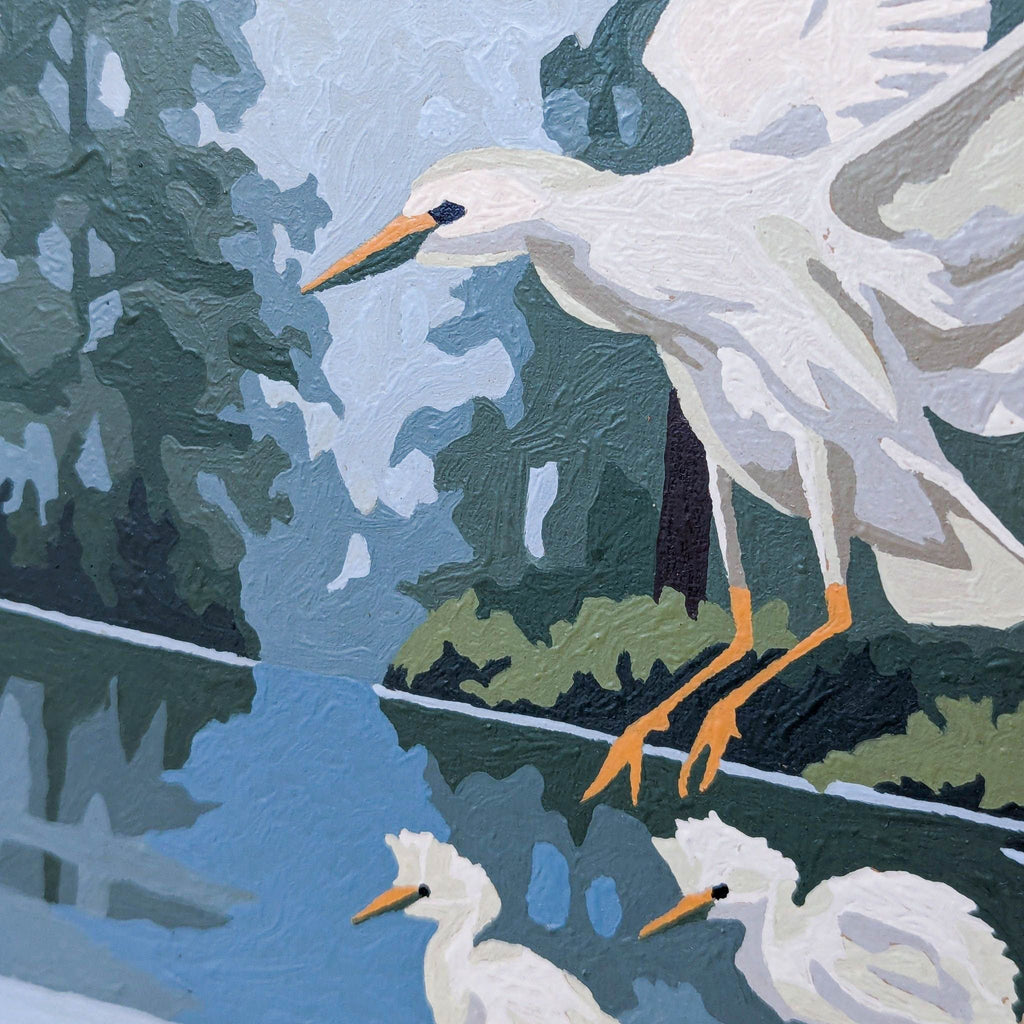 Close-up of paint by number heron with orange beak, surrounded by trees and water.