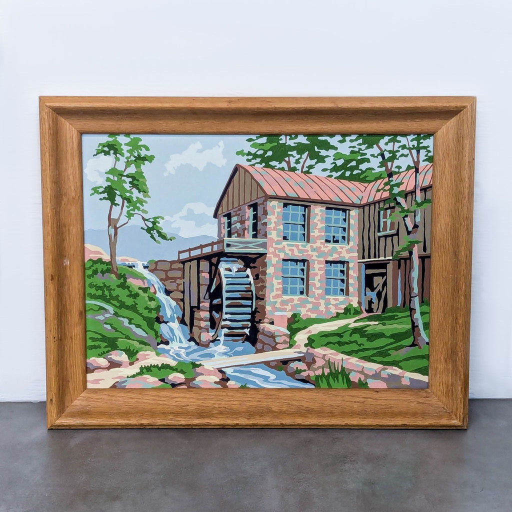 Vintage watermill paint by number in wooden frame.
