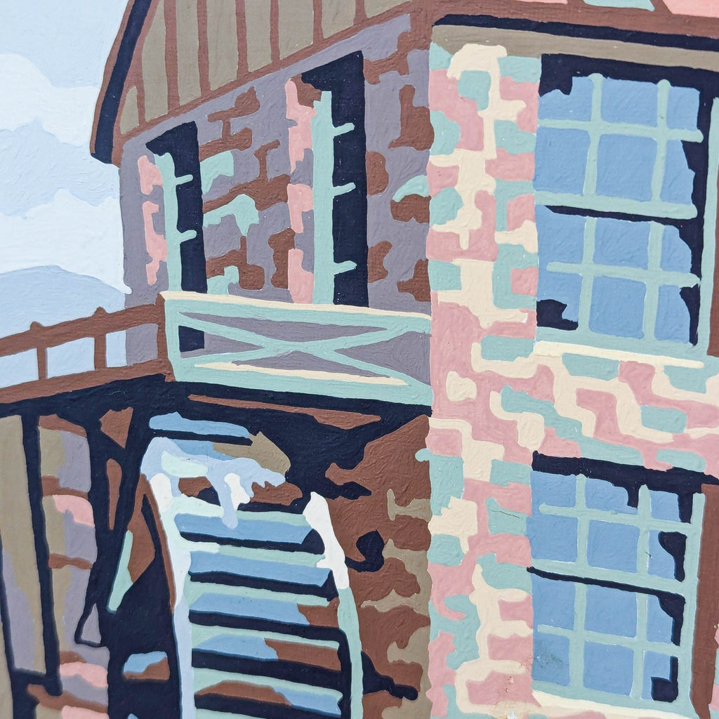 Close-up of vintage paint by number detailing windows and watermill.
