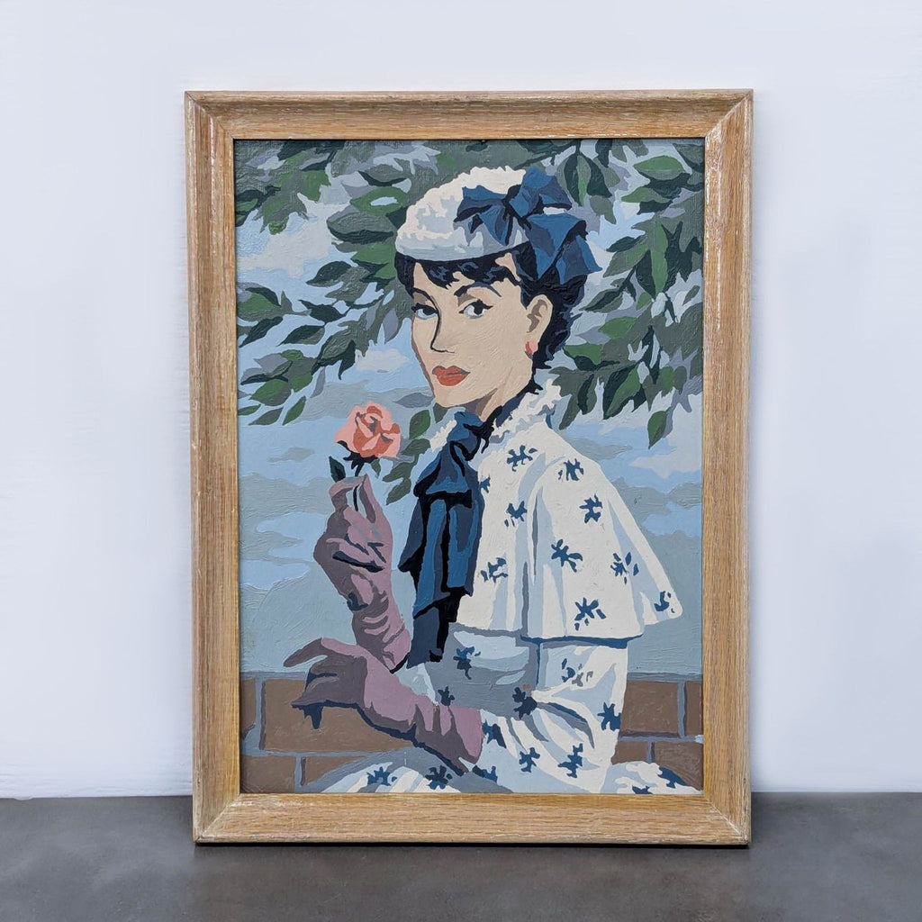 Vintage painting of a woman holding a rose, framed in wood.