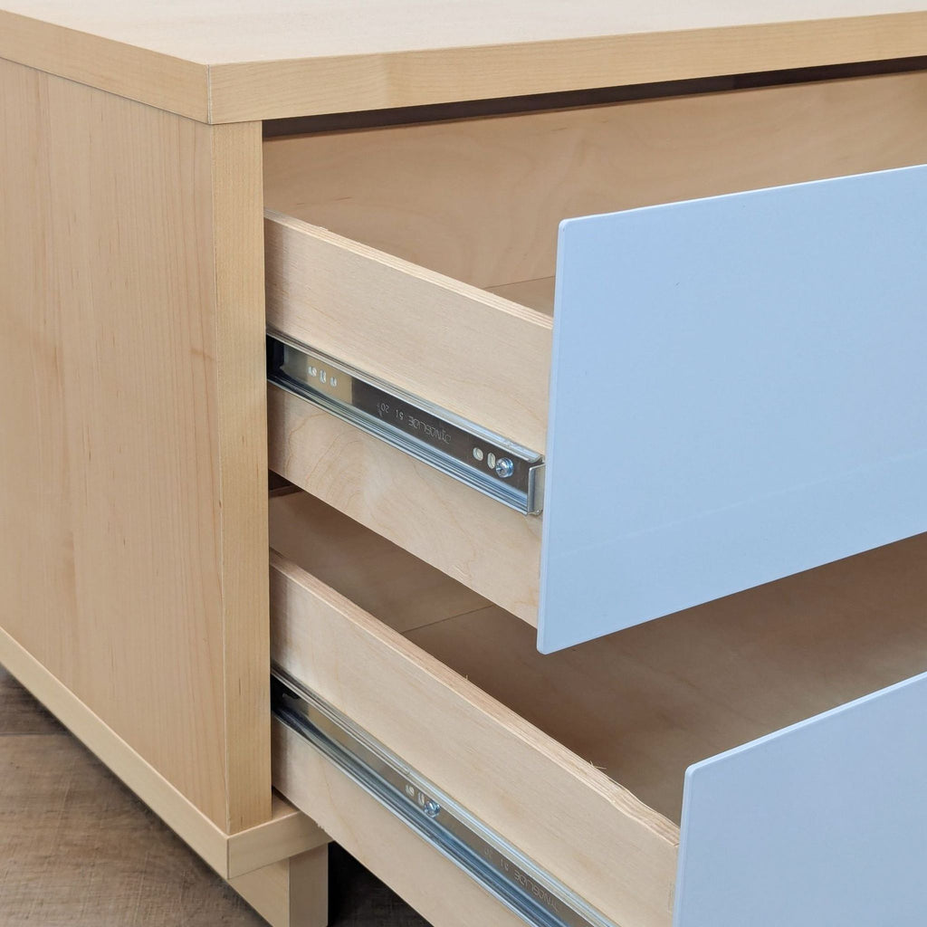 Close-up of self-closing drawer hardware on a maple chest with white and ivory drawers.