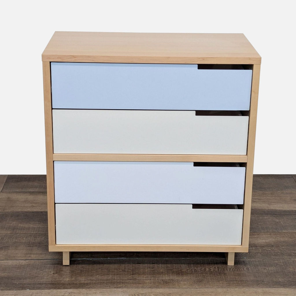Blu Dot dresser with maple veneer and self-close drawers in powder-coated steel.