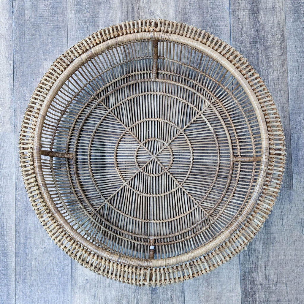 Top view of the Amina round coffee table showcasing its woven pattern.  