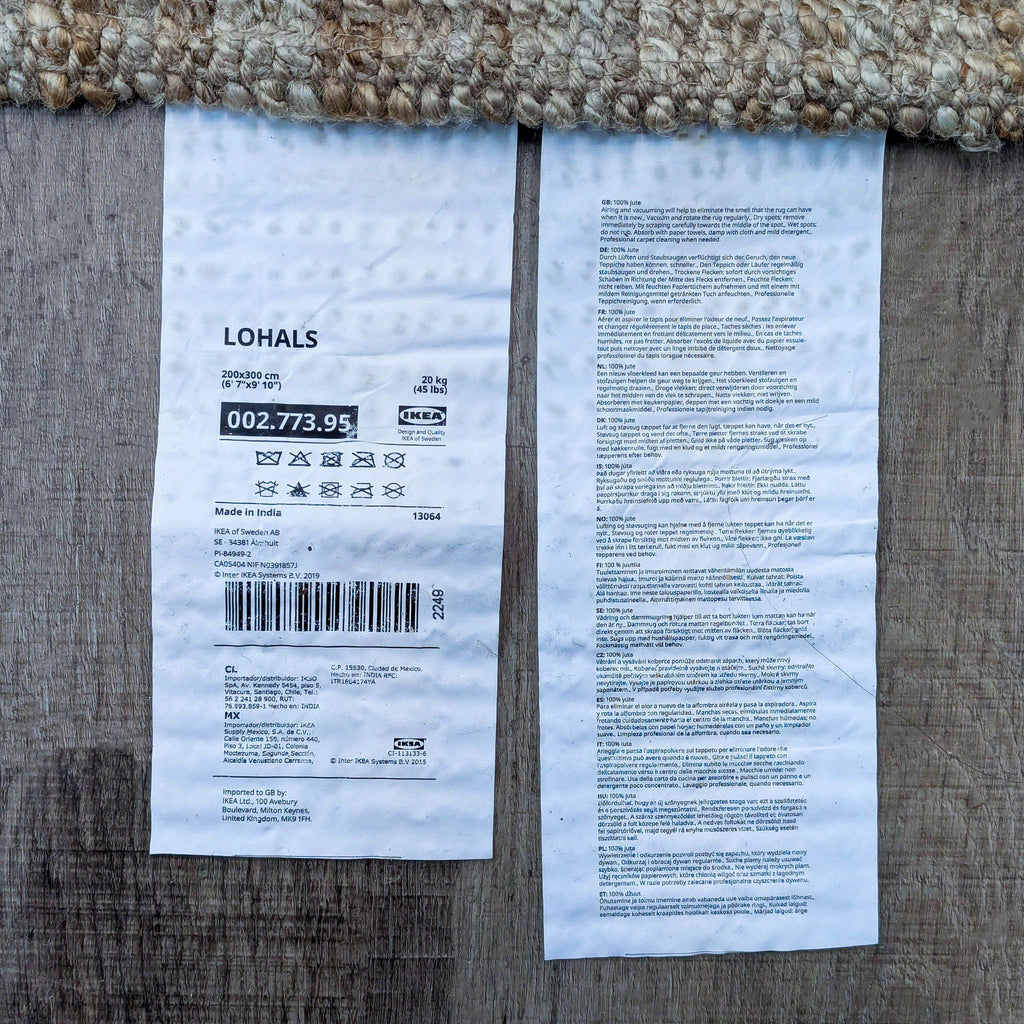Ikea rug labels, details production and care instructions.