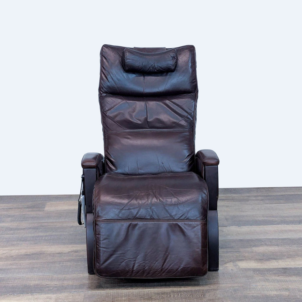 Svago Newton lounge chair with leather upholstery and wood base, front view.