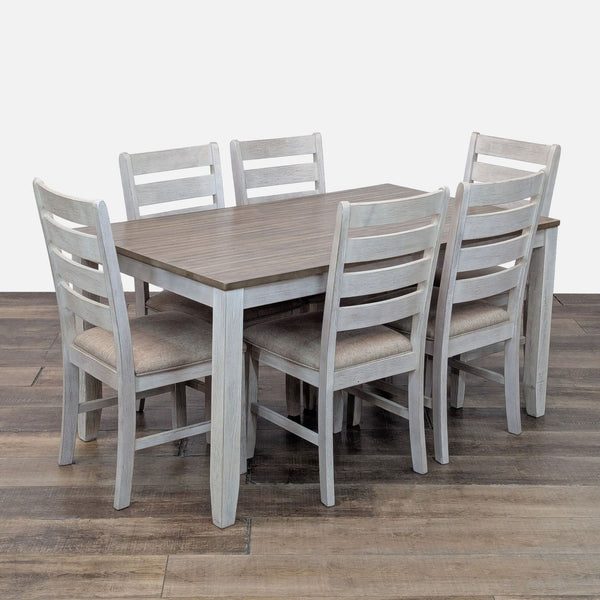 1. Ashley dining set with plank-effect brown top and six ladderback chairs, featuring grayish white, timeworn base.  