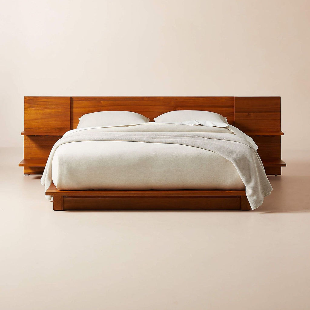 CB2 Andes Acacia Wood Platform Queen Bed With Nightstands