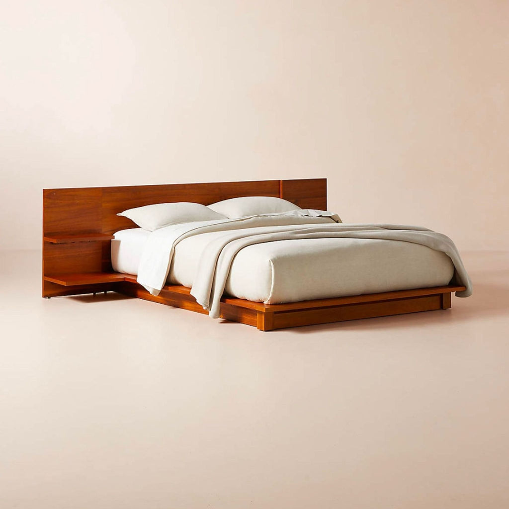 CB2 Andes Acacia Wood Platform Queen Bed With Nightstands
