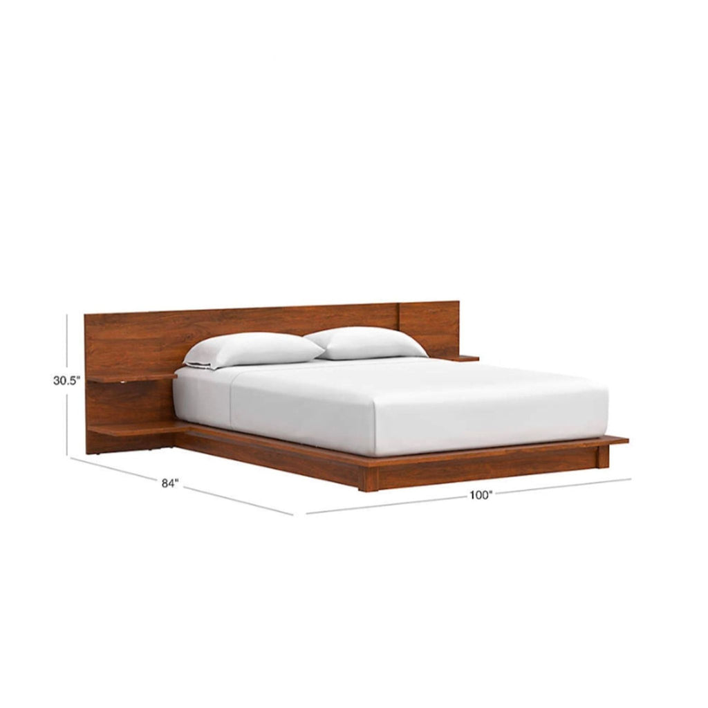 Acacia veneer platform bed with integrated headboard nightstands and shelves. Measurements included.