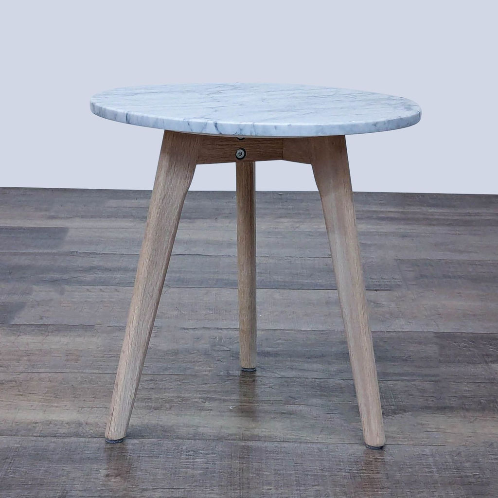 Mid-Century Modern side table with white oak legs and Carrara marble top.