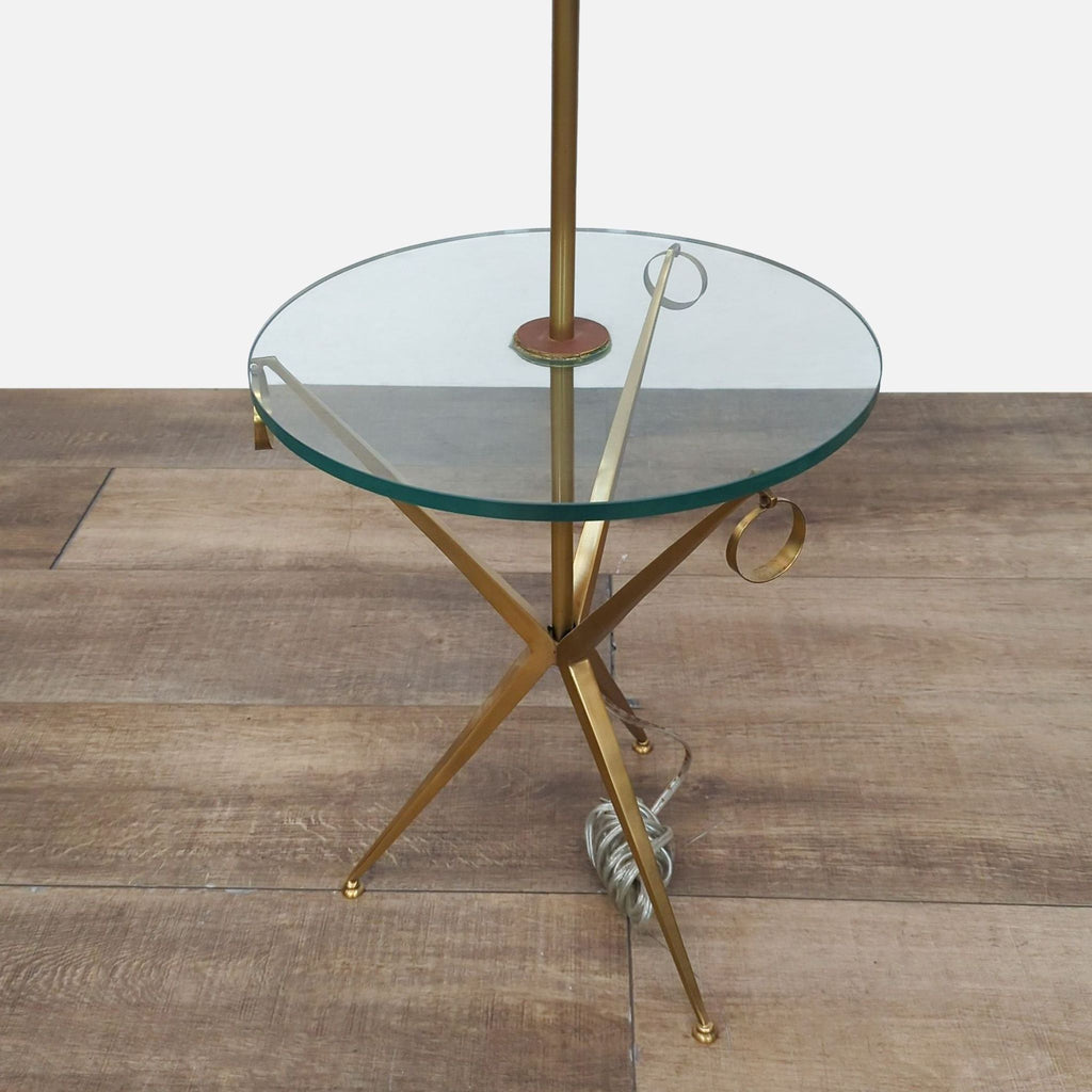 Sleek floor lamp featuring a chic black shade and stylish glass table.