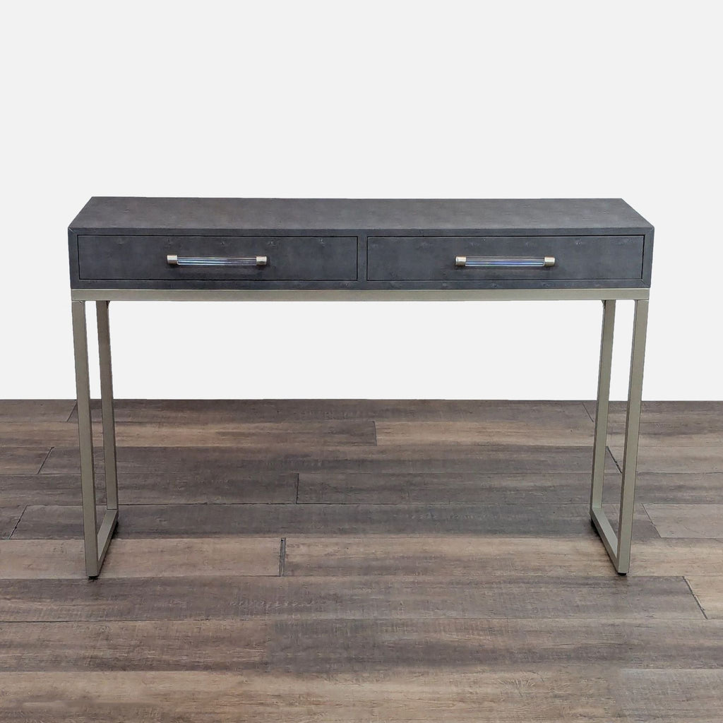 Faux shagreen leather console table with iron frame and acrylic handles.