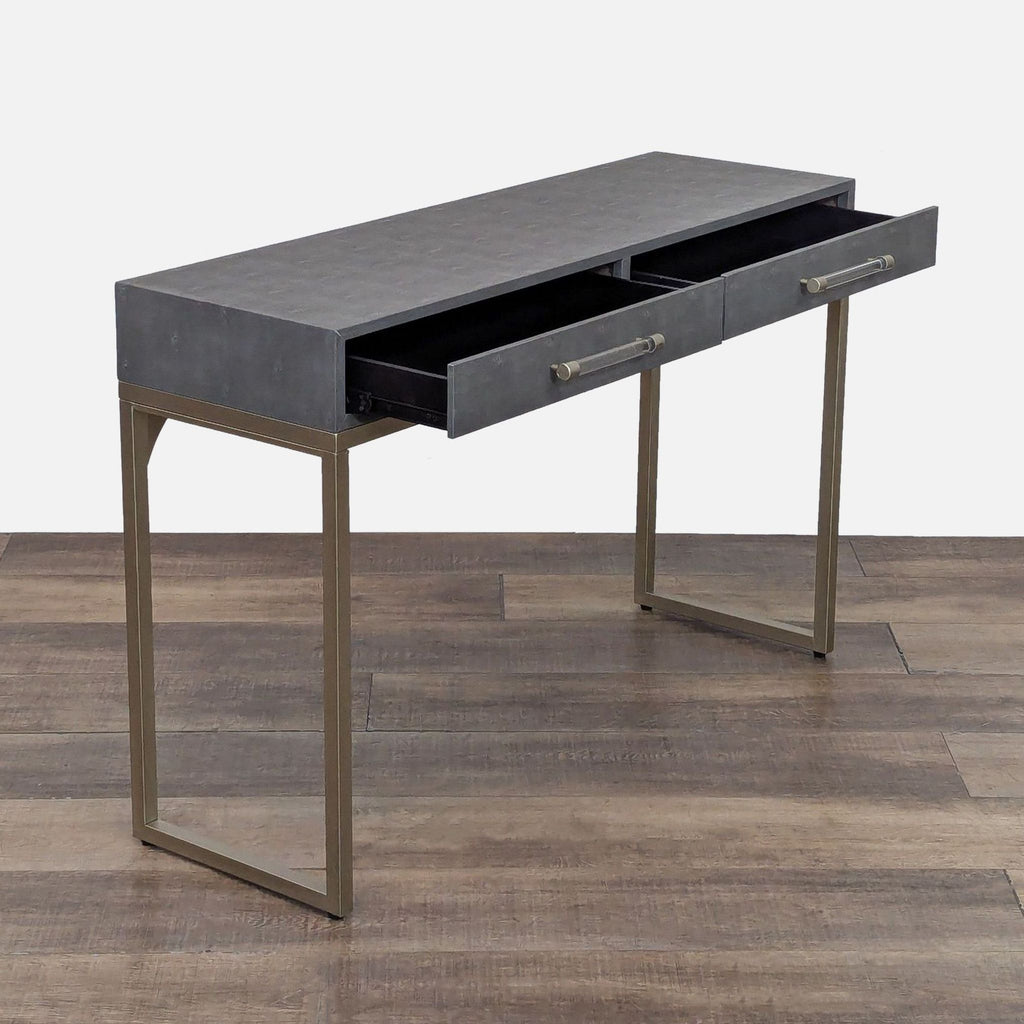 Side view of a console table featuring faux shagreen and sturdy iron legs.
