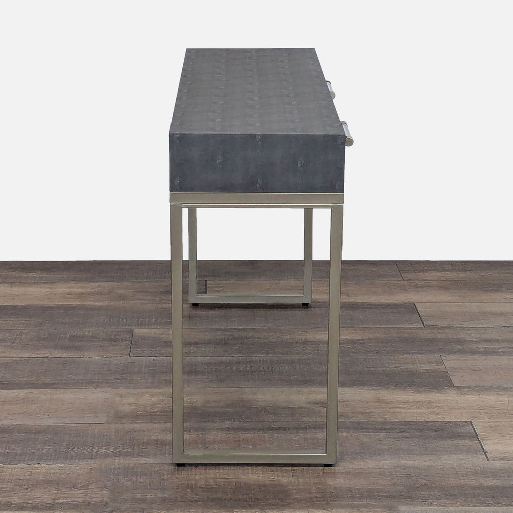 Console table with open drawers, showcasing faux shagreen finish and acrylic handles.