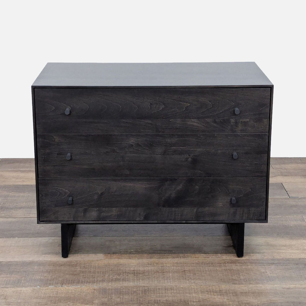 Room & Board wood dresser with three drawers and metal pulls.