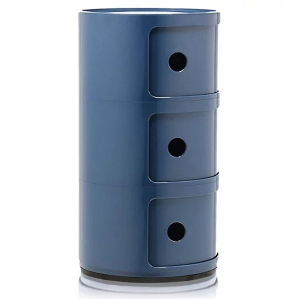 Blue cylindrical storage unit with three shelves and round handles by Kartell.