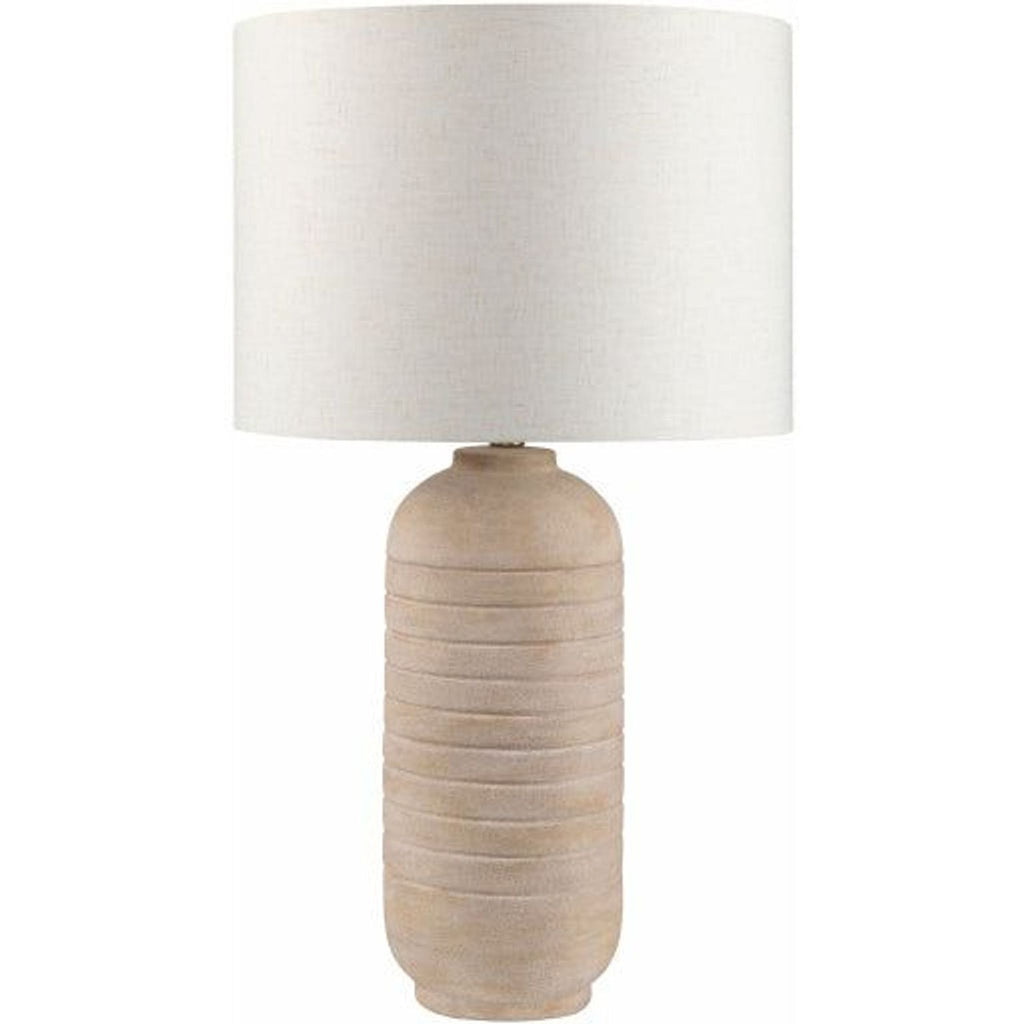 Ceramic brown base lamp with linen drum shade.  
