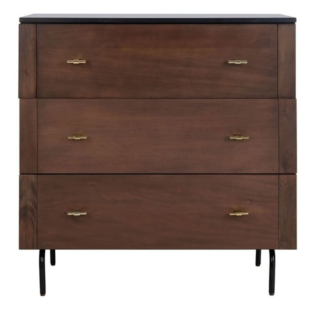 Minimalist dresser with black legs, brown drawers, and gold-tone pulls.