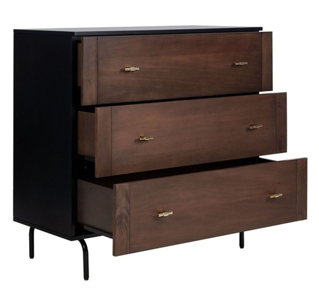 Three-drawer dresser with modern gold handles and black metal legs.
