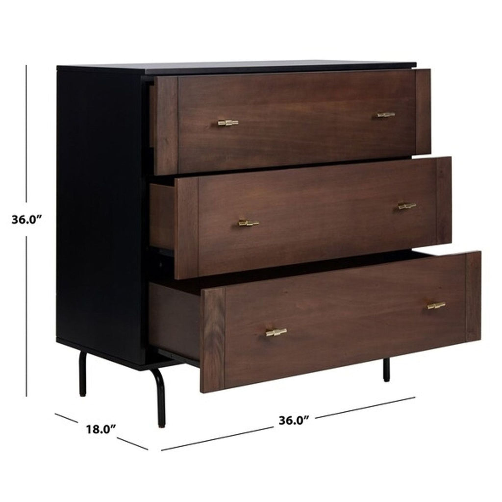Safavieh dresser featuring three drawers, gold pulls, and dimensions labeled.