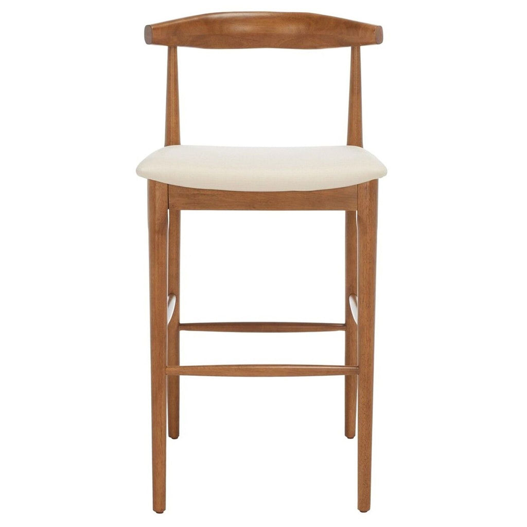 Wooden bar stool with curved back, walnut finish, and grey padded seat.