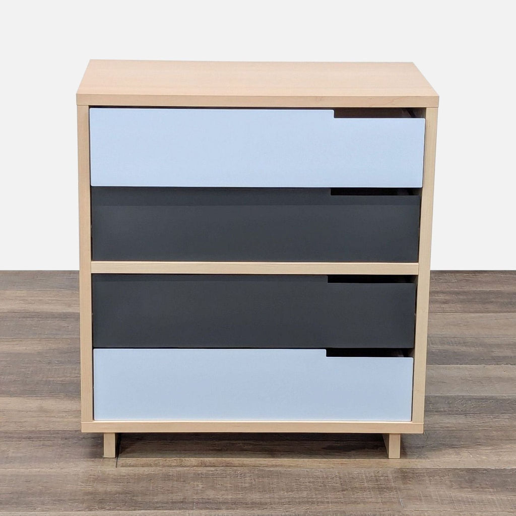 Blu Dot dresser with 4 drawers, maple veneer frame, and sleek metal fronts.
