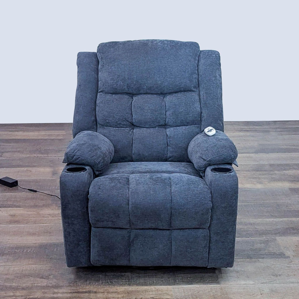 A plush recliner with grid tufted cushions, cup holders, USB port, and remote. Brand: Reperch. Lounge.