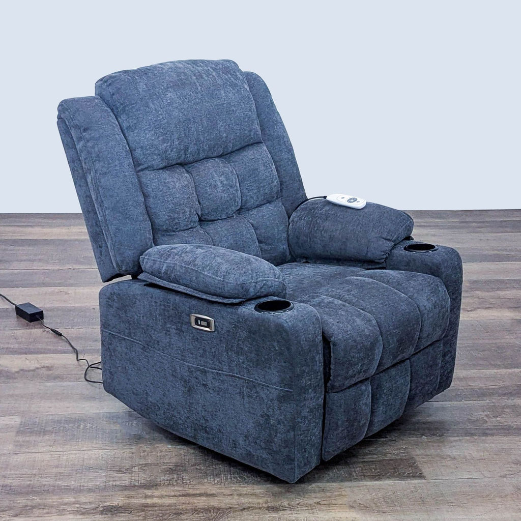 Reperch lounge chair with plush grid cushions, cup holders, USB, and remote showcased on wooden floor.