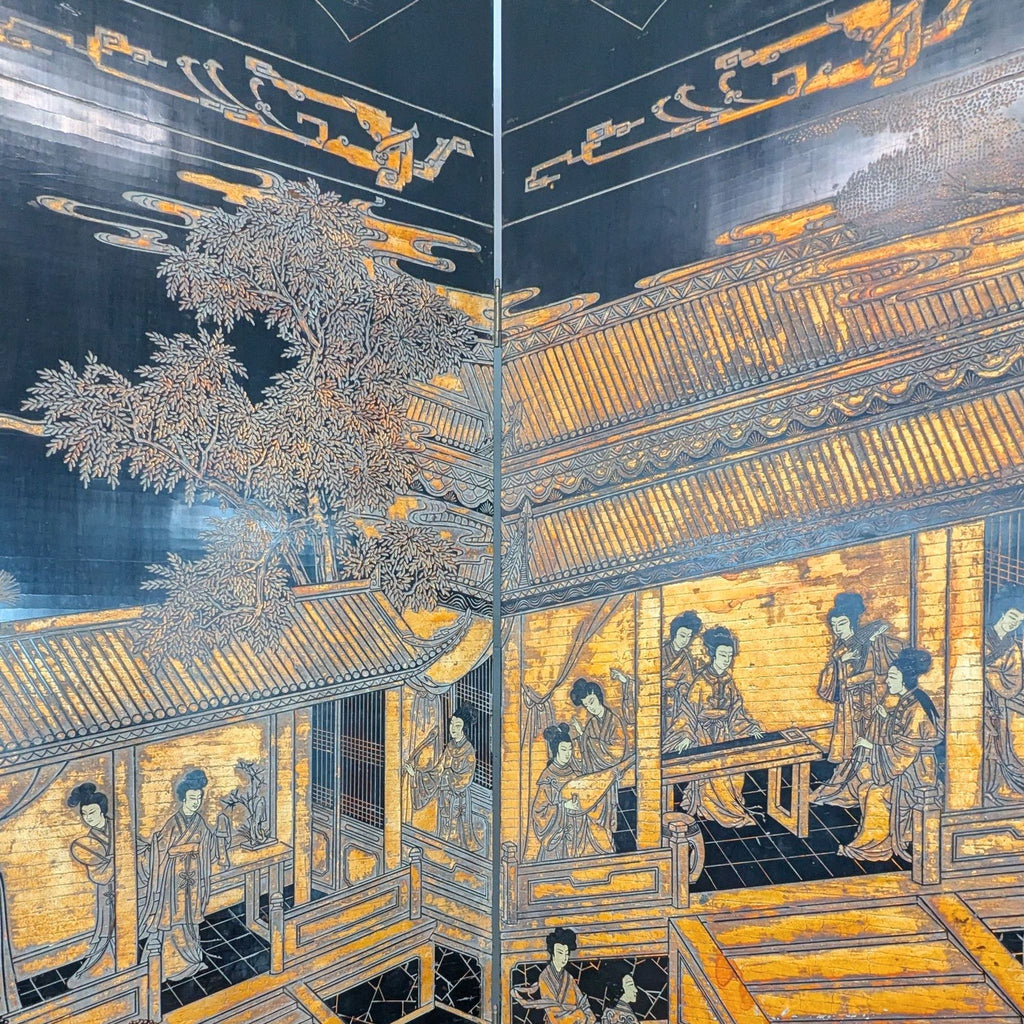Detailed close-up of "The Red Chamber" screen showcasing figures and architecture in golden hues.