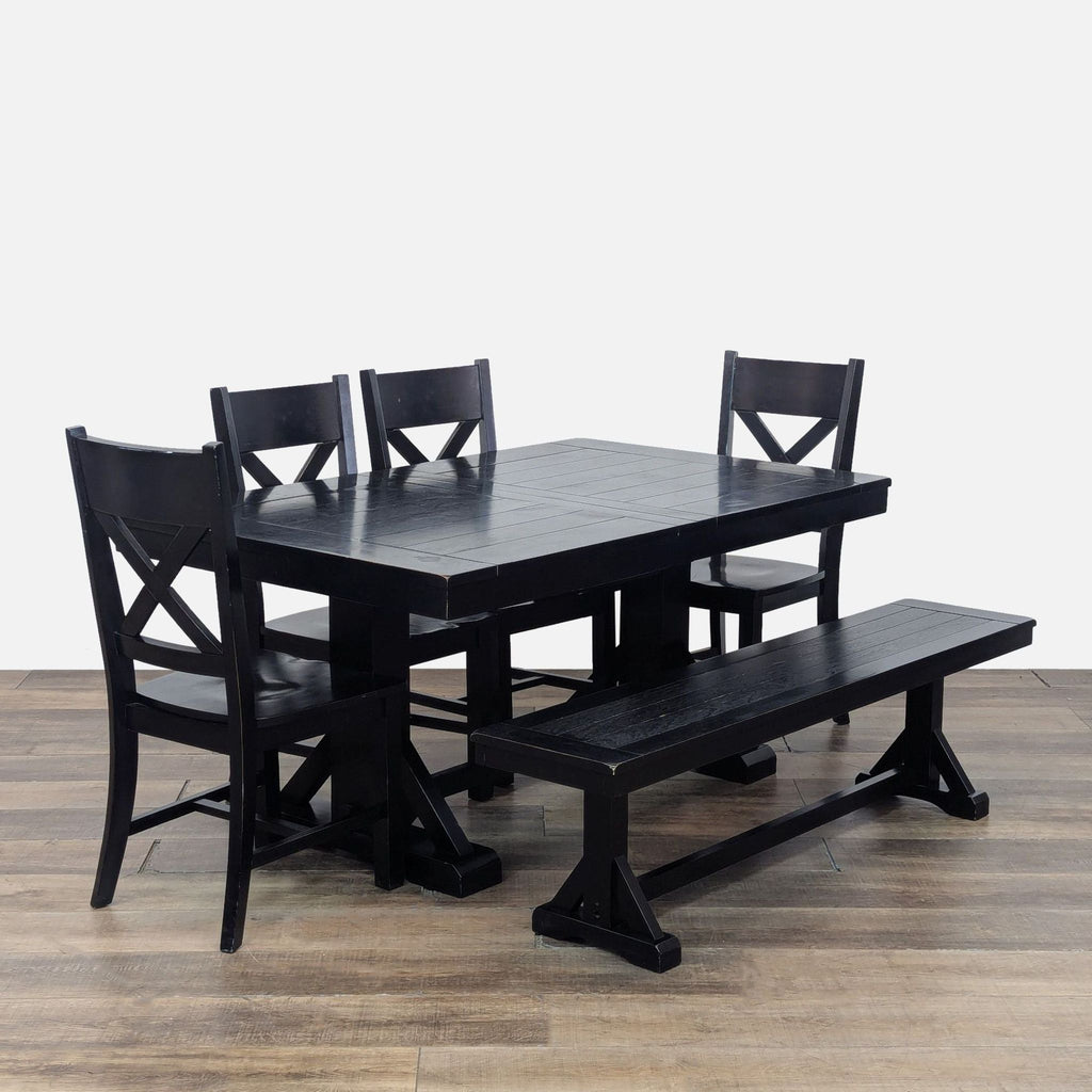 Cost Plus dining set with extendable trestle table, bench, and four cross-back chairs.
