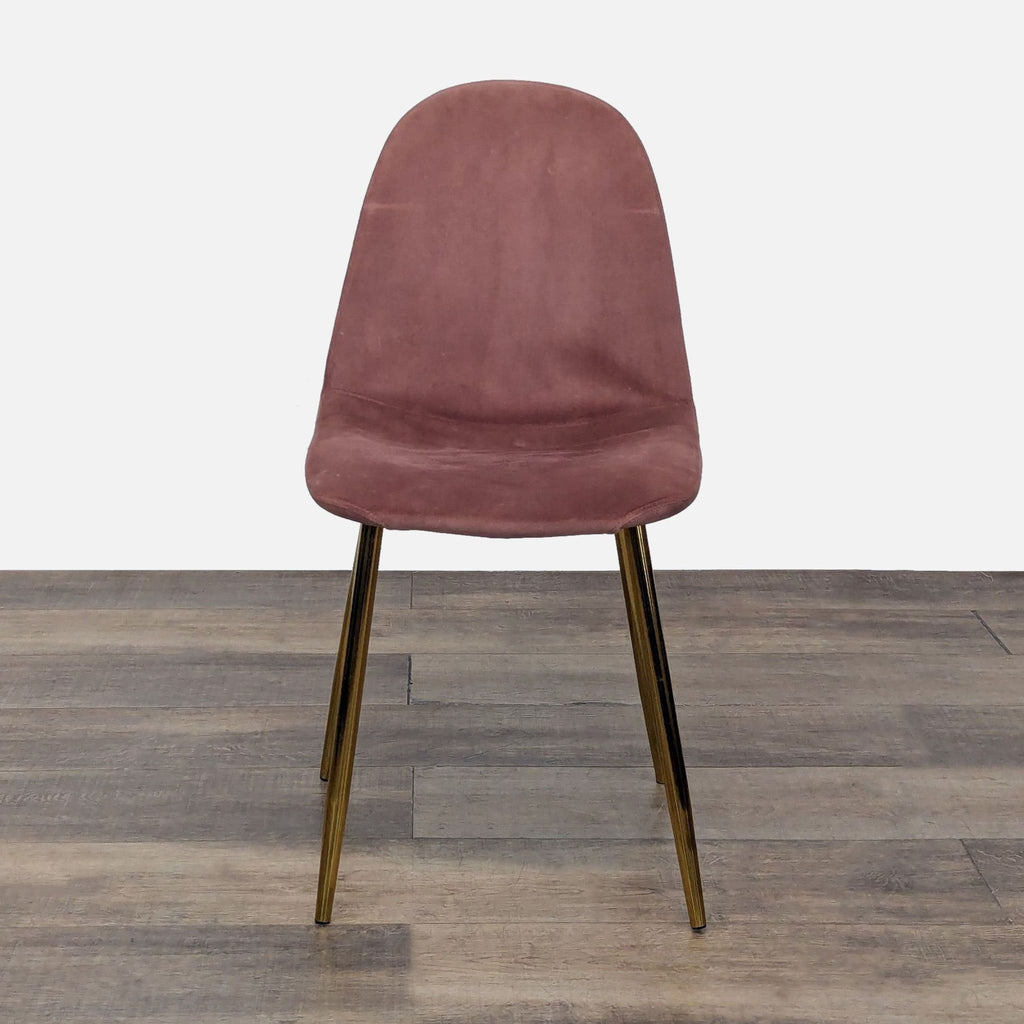Front view of a mauve Reperch dining chair with sleek gold legs.