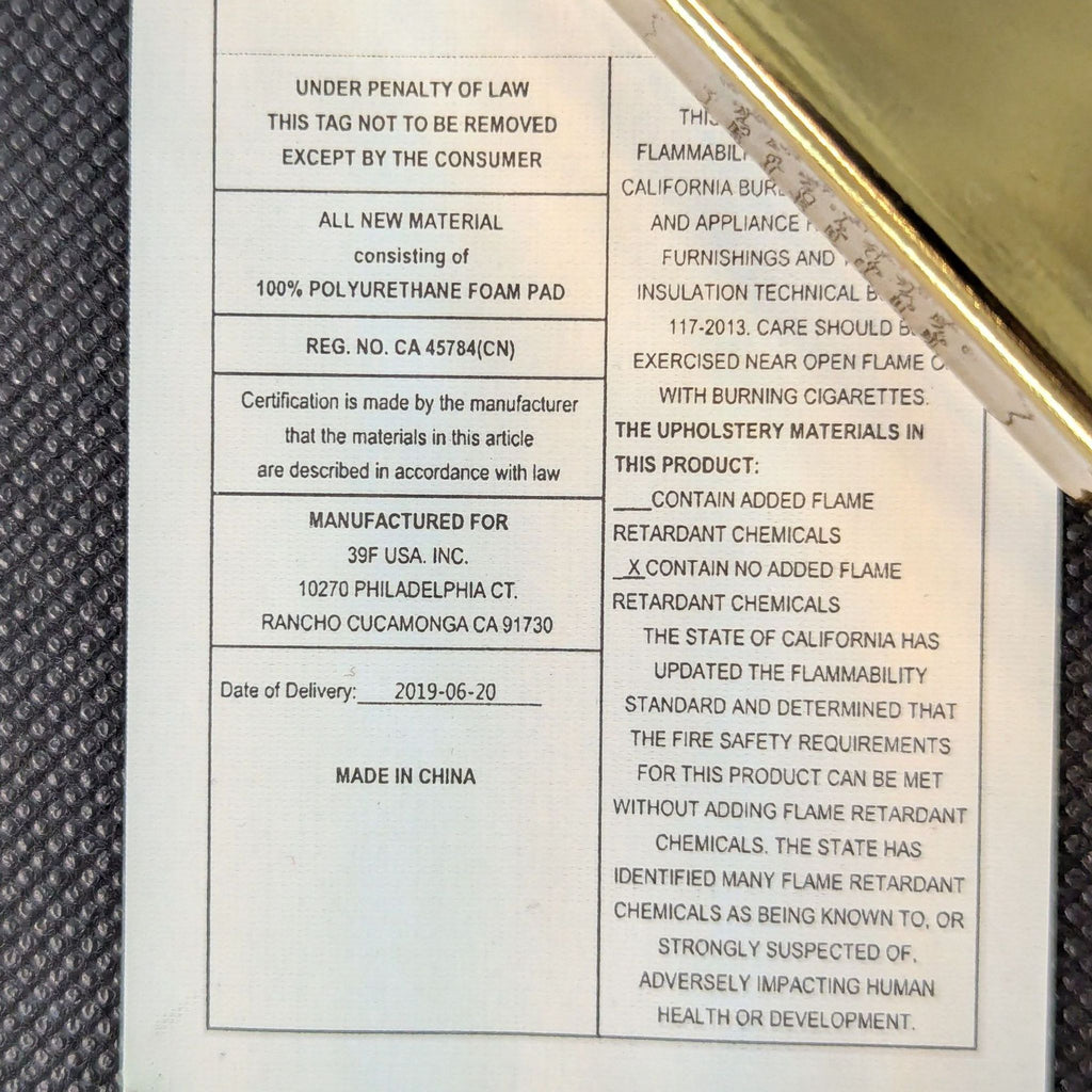 Material tag of a Reperch chair, detailing flame retardant and manufacturing date.