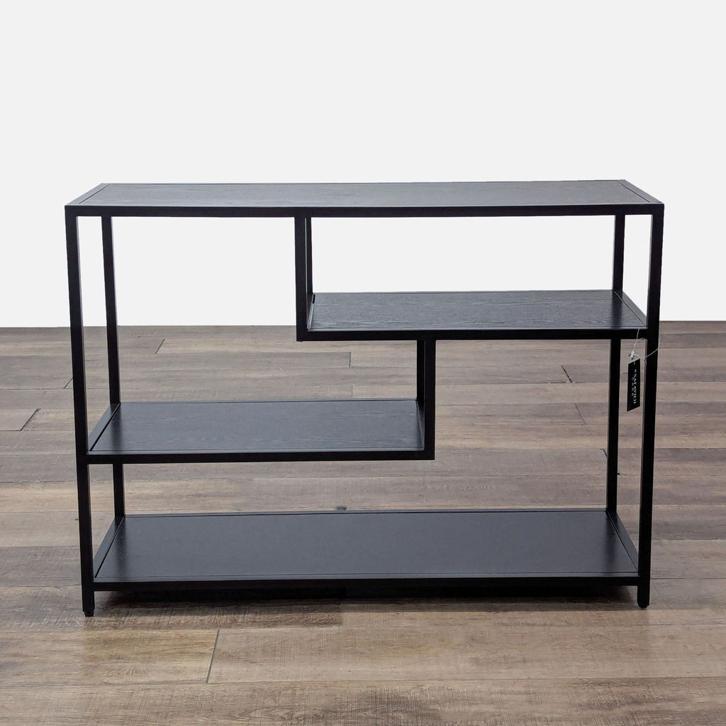 Geometric console table with metal frame and MDF shelves.