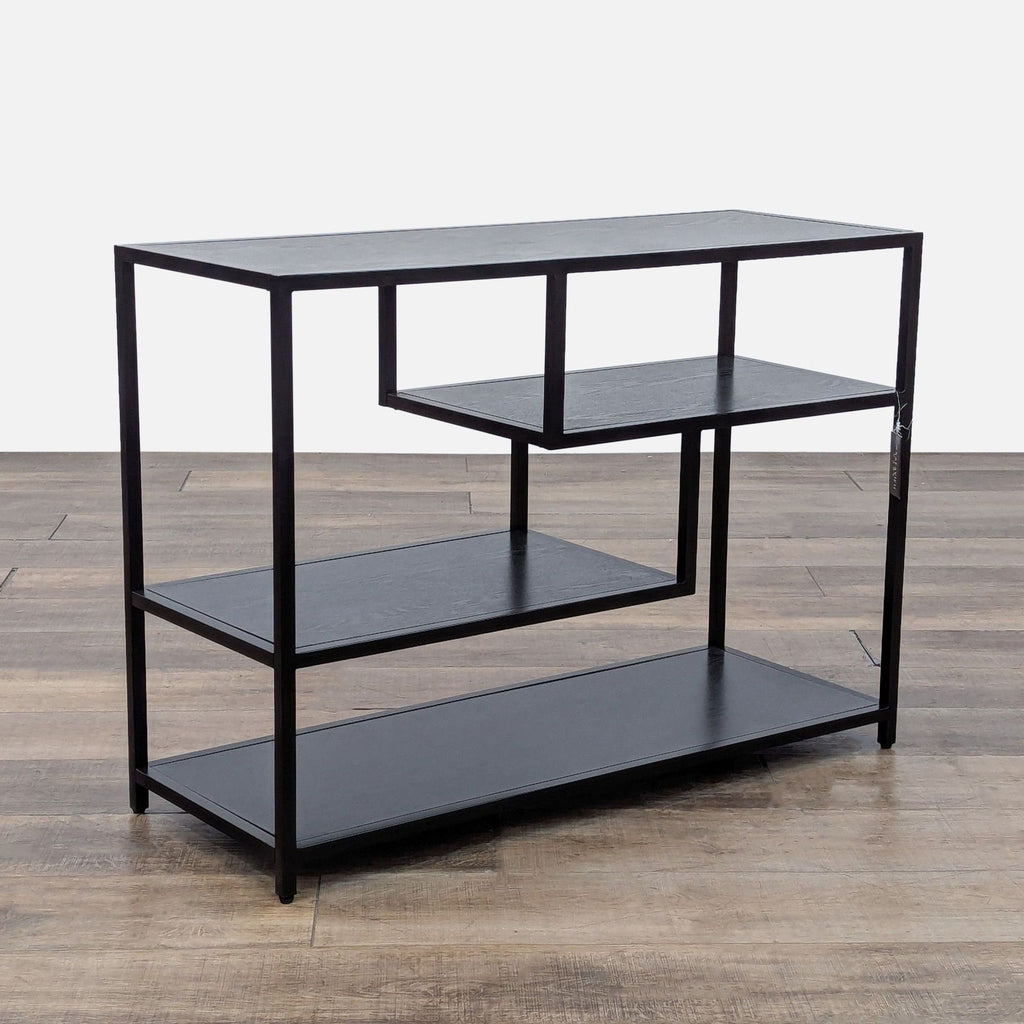 Angled view of the table showing geometric structure and shelves.