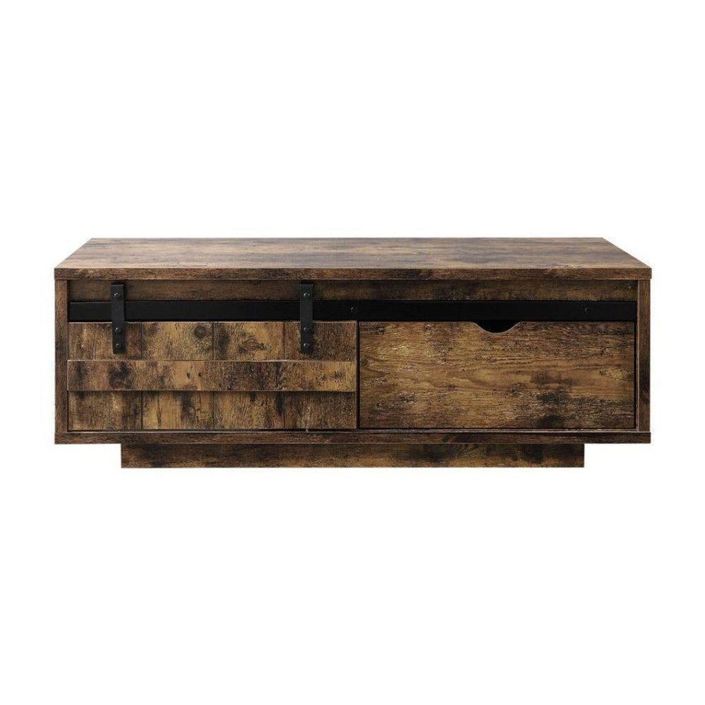 Modern coffee table made of composite wood and melamine veneer, featuring metal legs and a sleek design.  
